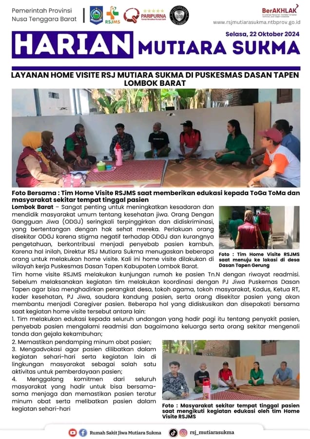 LAYANAN HOME VISITERS RSK MUTIARA SUKMA DI PUSKESMAS DASAN TAPEN LOMBOK BARAT